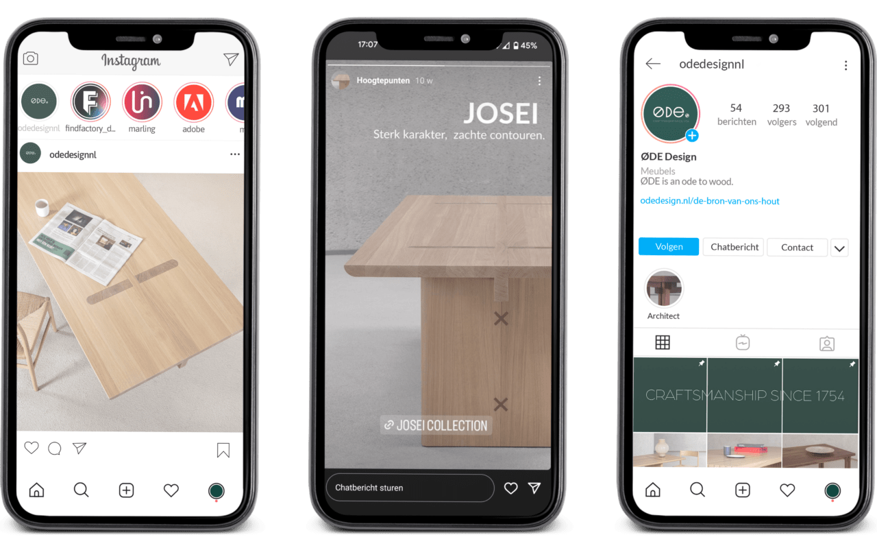 Drie mockups van smartphones met Instagramkanalen van ODE Design