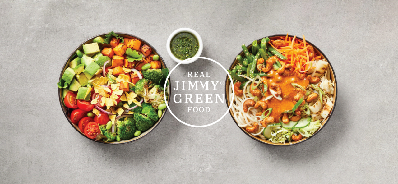 Omslagfoto casepagina over Jimmy Green met het logo van hen erop en twee gerechten met kleurrijke ingrediënten van bovenaf gefotografeerd.